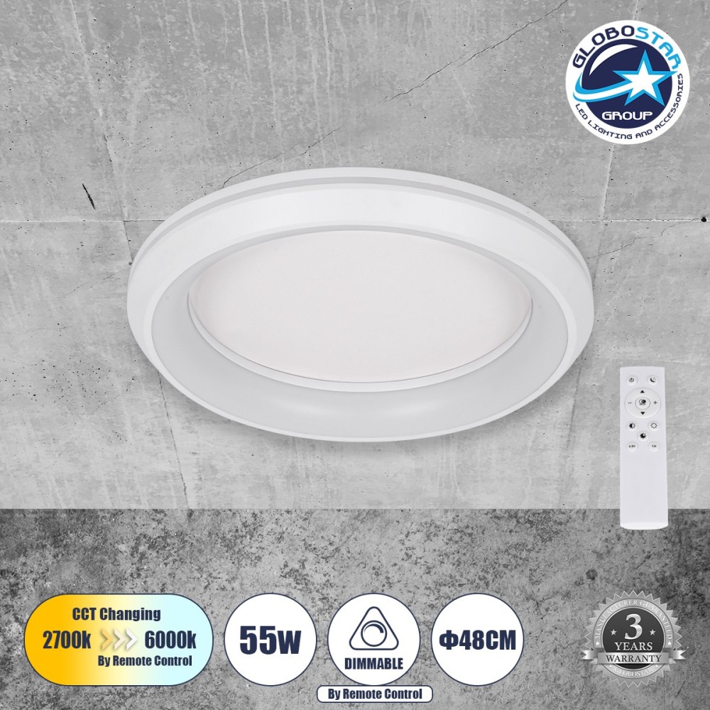 GLOBOSTAR® MELINA 61041 Μοντέρνο Φωτιστικό Οροφής LED 55W 6376lm 120° AC 220-240V IP20 Ρυθμιζόμενο Λευκό CCT με Χειριστήριο από 2700K έως 6000K Dimmable - Lumileds SMD Chip - Λευκό Ματ - Μ48 x Π48 x Υ9cm - 3 Χρόνια Εγγύηση